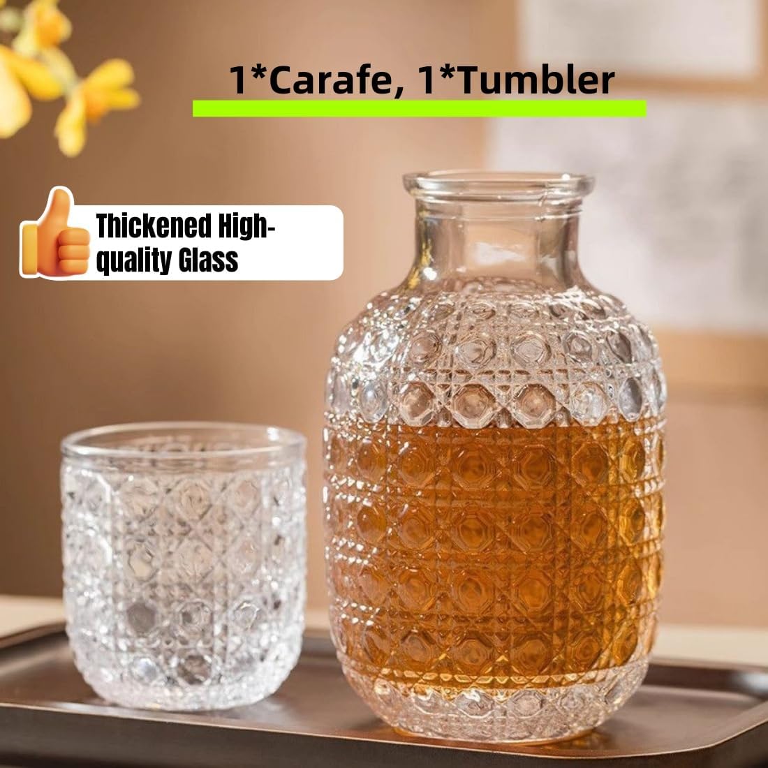 Whiskey Glass Set, 20 Oz Transparent Bedside Water Bottle with 5 Oz Cups, Vintage Elegant Glassware for Juice Kitchen Bedroom Bar Bathroom