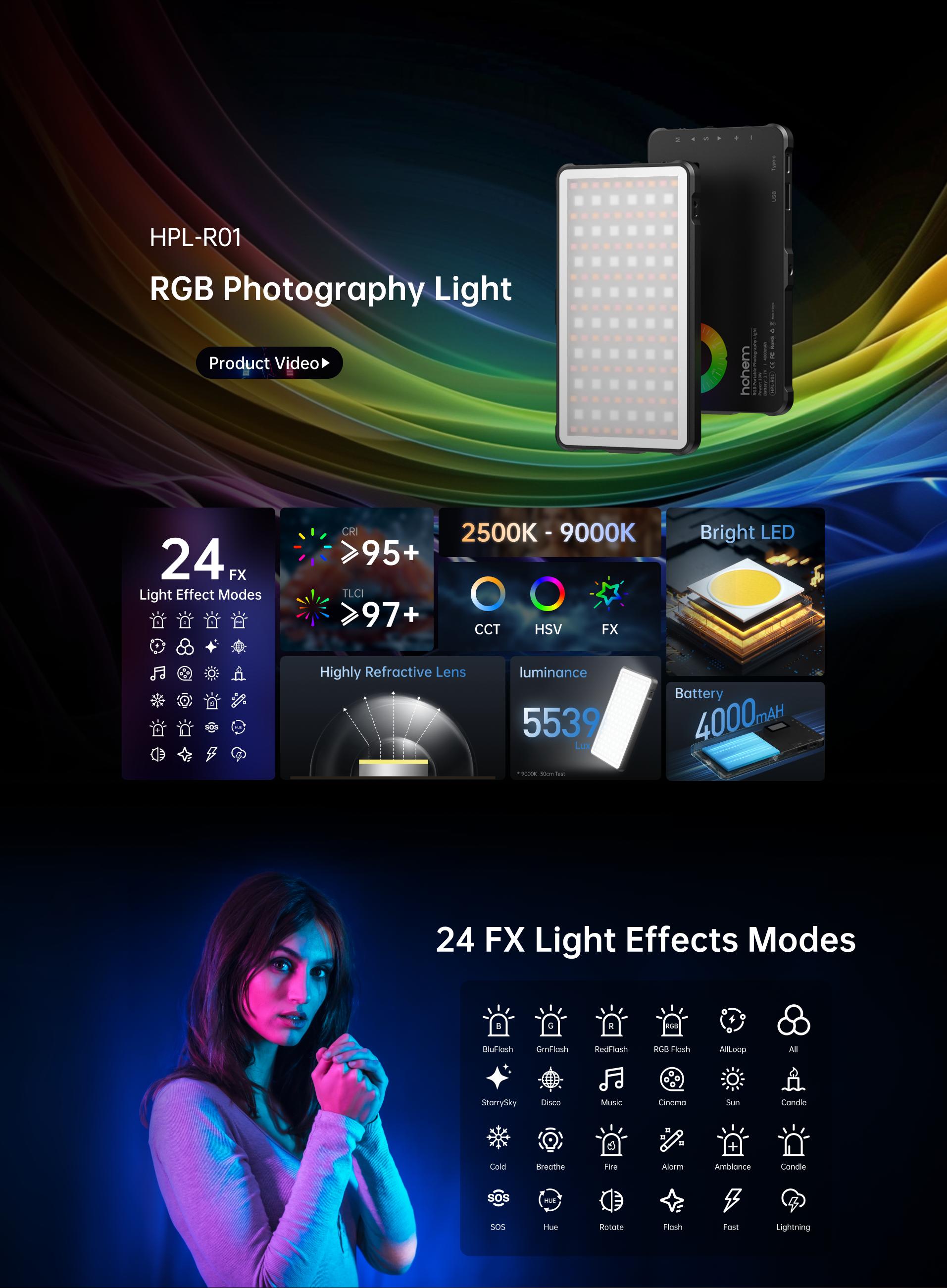 Hohem HPL-R01 RGB LED Photography Lighting, 4000mAh Powerbank, 2500K-9000K, 24 Effects Modes, Rechargeable DSLR Lighting for Vlogging, Gaming, Streaming, Photography, Video Conference, Long Battery Life, Fits Phone and Camera