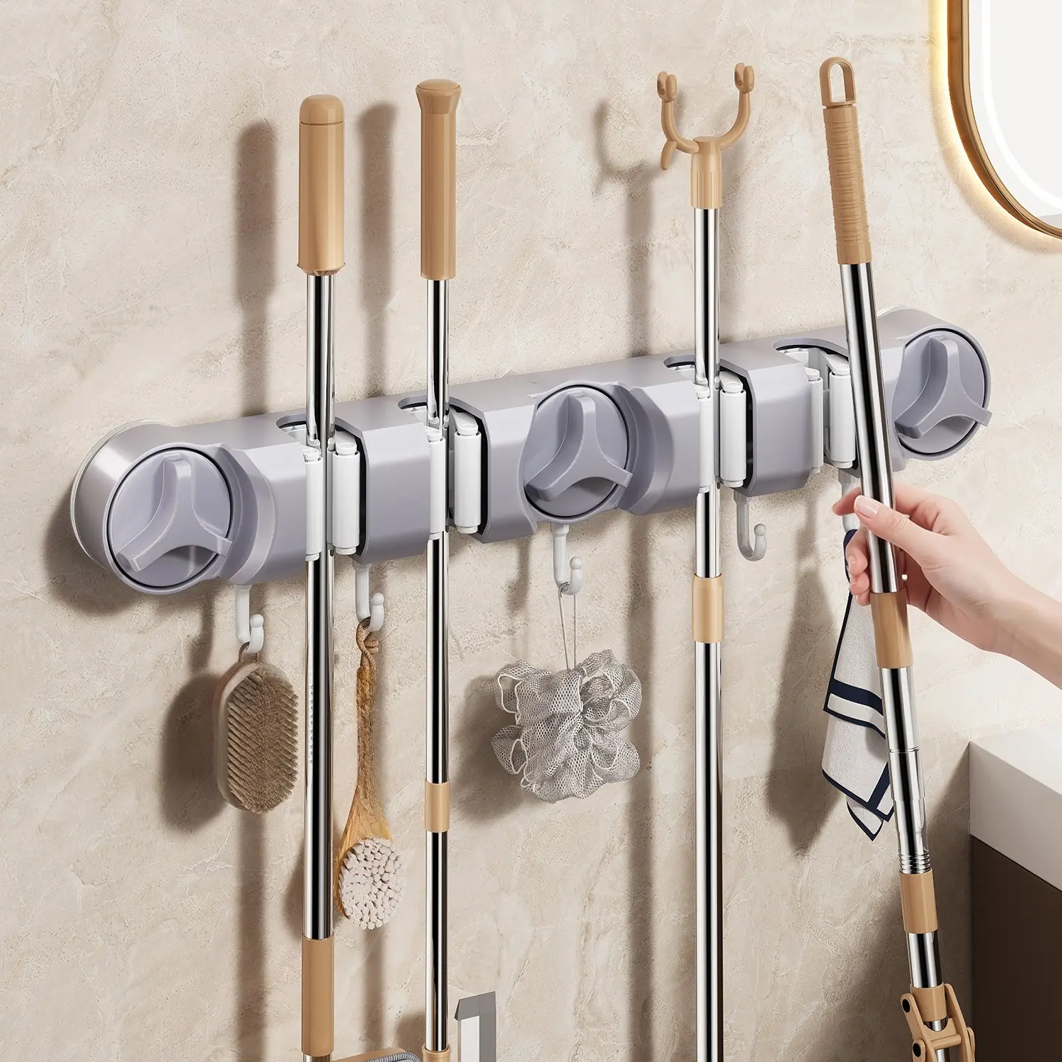 Suction Cup Mop Holder, Wall Mounted Mop Organizer, No Drill Mop Hanger for Bathroom, Strong Grip Adhesive-Free Storage Rack for Brooms and Cleaning Tools, Space-Saving Home Organization