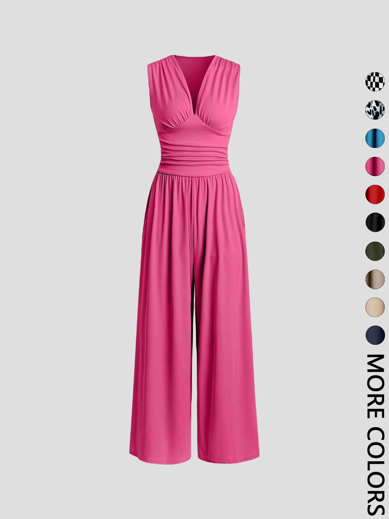 Women's Plain Ruched Deep V Neck Jumpsuit, Elegant Sleeveless Wide Leg Jumpsuit for Summer, Ladies Clothes for Beach Holiday Vacation Style