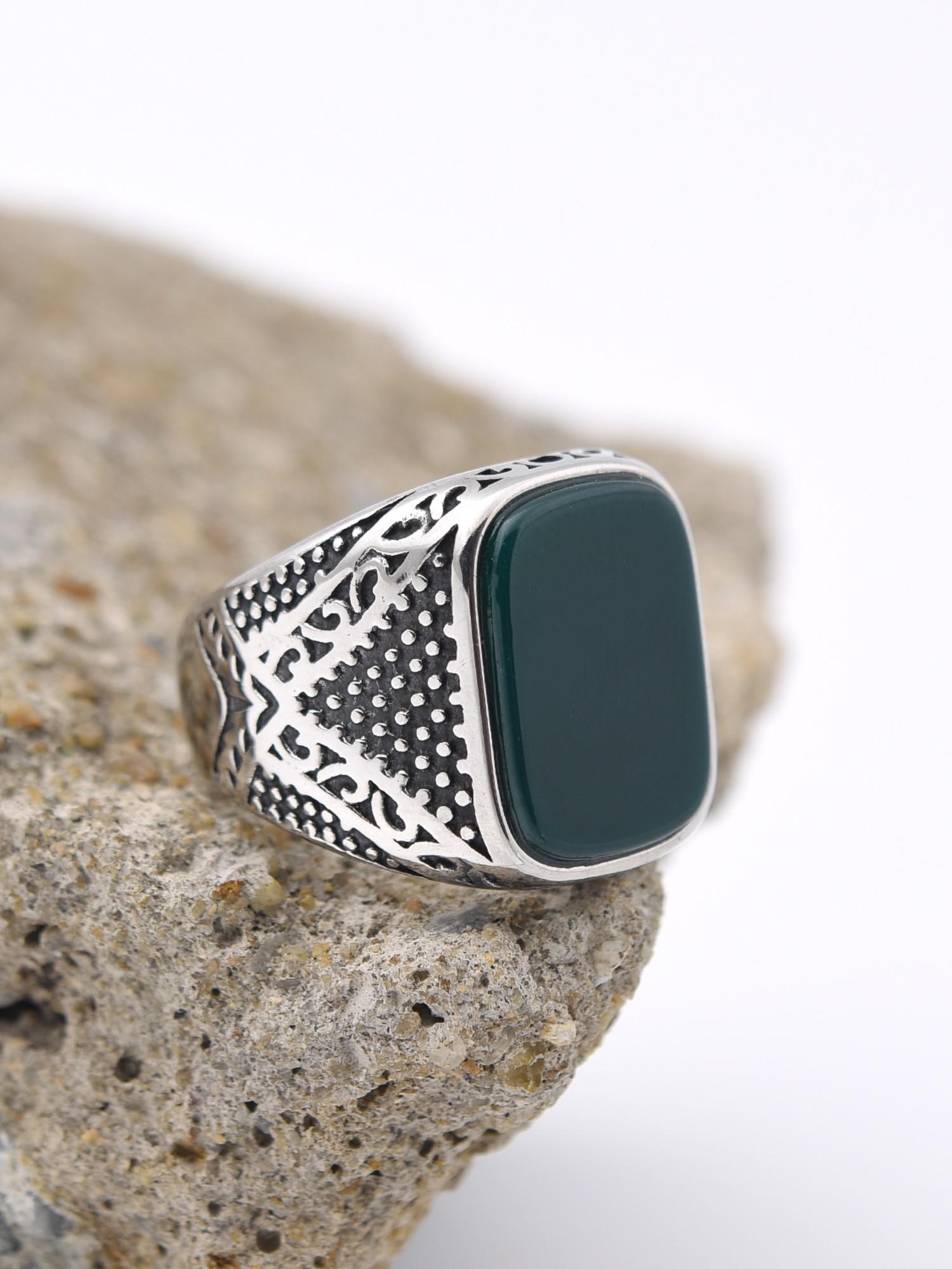 Vintage Men's Signet Ring 316L Stainless Steel Silver Color Blue Agate Square Stone Retro Carving Jewelry Gift