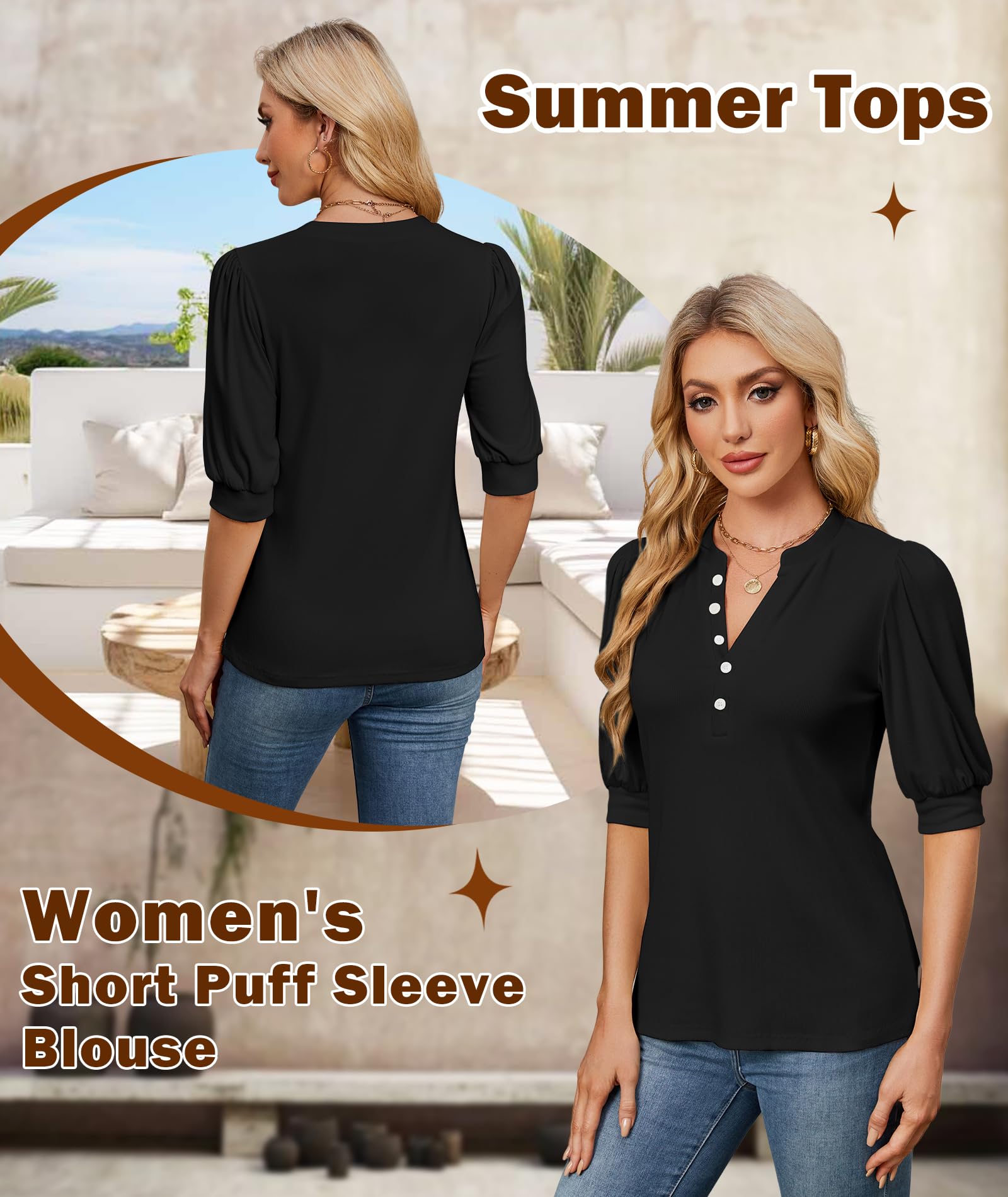 Ohhettm Summer Tops for Women 2025 Trendy Dressy Casual Blouse Puff Short Sleeve Shirts Knit Henley V Neck T Shirt Tunic Womenswear Knitted Ohhettm Summer Tops for Women 2025 Trendy Dressy Casual Blouse Puff Short Sleeve Shirts Knit Henley V Neck T Shirt Tunic Womenswear Knitted
