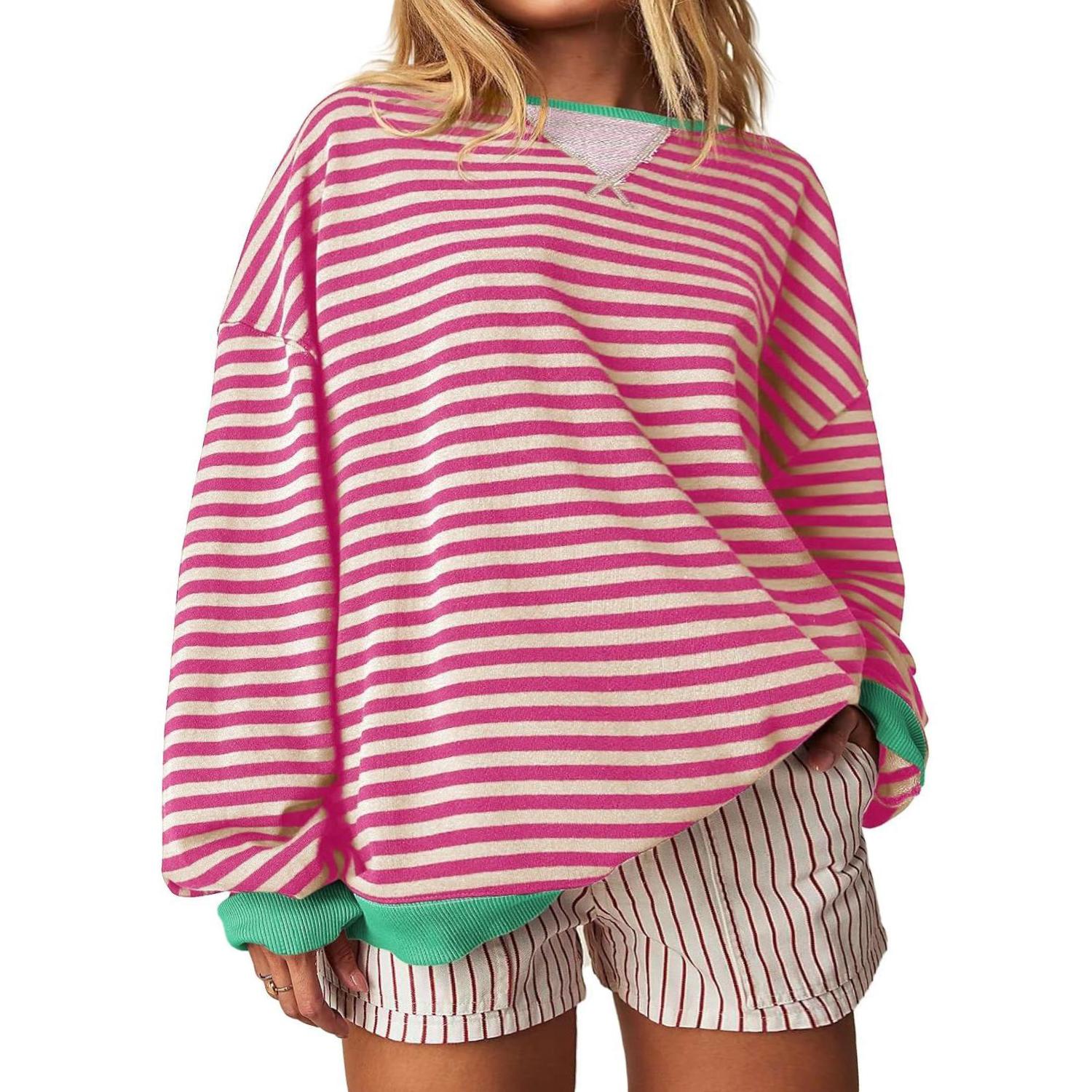 【Plus Size】Imily Bela Womens  Striped Oversized Sweatshirt Color Block Crew Neck Long Sleeve Shirt Casual Loose Pullover Top Y2K Clothes