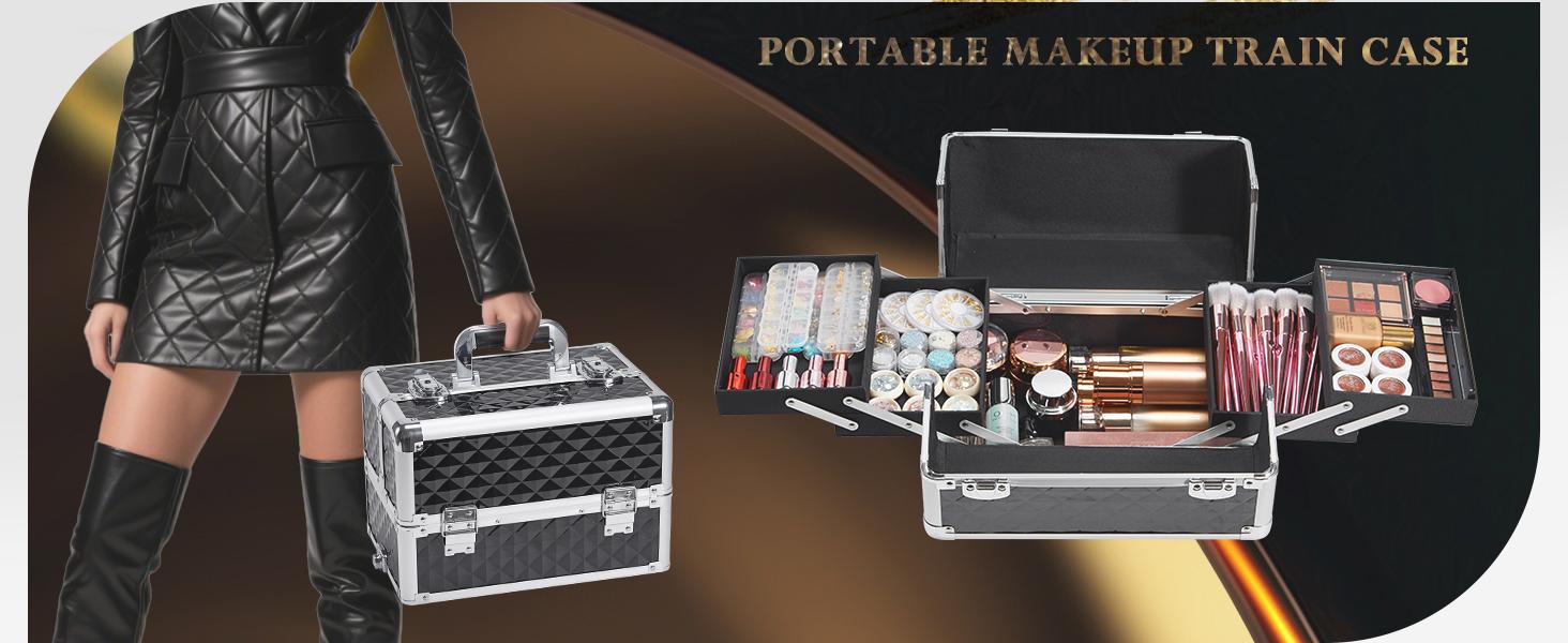 Joligrace 4 in 1 Rolling Makeup Train Case Large Cosmetic Trolley Box with Key Swivel Wheels Salon Barber Case