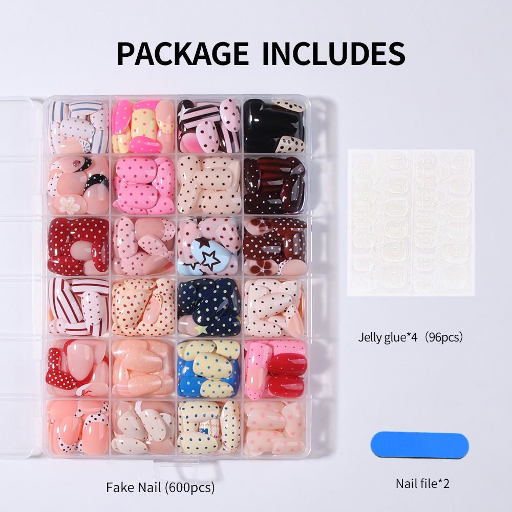 600pcs Almond Press-On Nails, Polka Dot French Design, Nail Designs, Medium Size, Acrylic Material, Includes Gel Glue & Nail Files, Perfect for Summer
