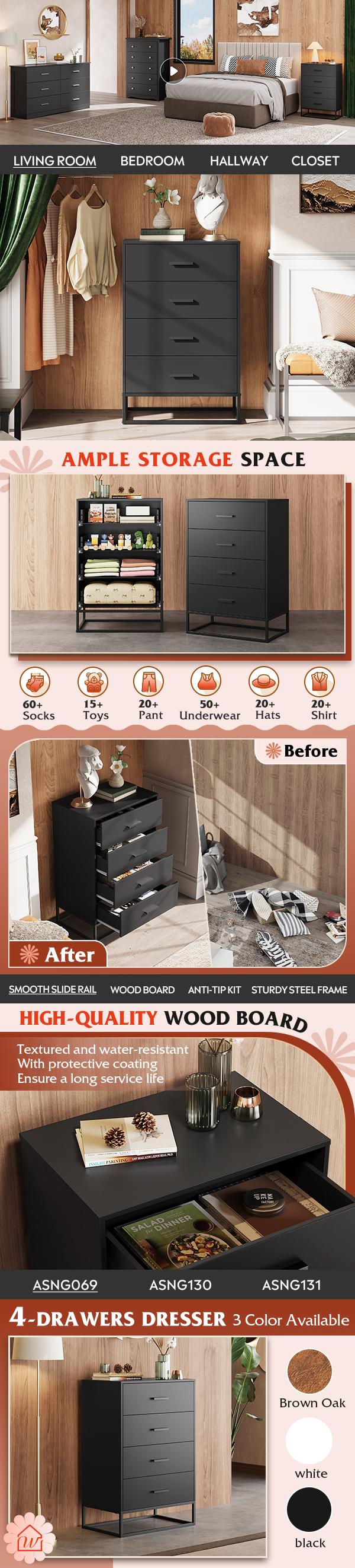 WLIVE Wood Dresser for Bedroom with 4 Drawers, Tall Chest of Drawers with Sturdy Metal Frame for Living Room, Hallway, Closet WLIVE Wood Dresser for Bedroom with 4 Drawers, Tall Chest of Drawers with Sturdy Metal Frame for Living Room, Hallway, Closet