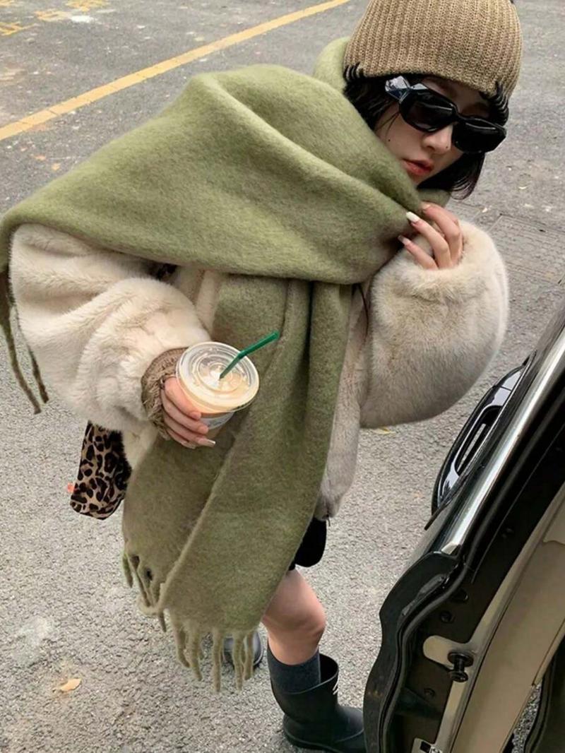 Solid Color Tassel Decor Fluffy Soft Scarf, Elegant Thickened Shawl for Women & Men, Fashion Accessories for Fall & Winter
