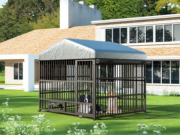 HOOBRO Outdoor Dog Kennel with Cover, 6.6 x 6.6 x 6.4 ft Dog Kennel Outside with Waterproof Roof and Rotating Feeding Bowls, Heavy-Duty Large Cage Enclosure, Dog Playpen Fence, Black