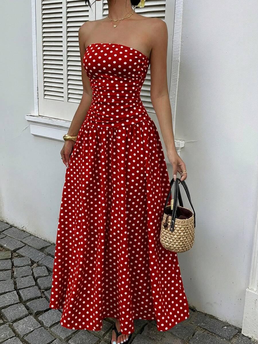 Women's Polka Dot Waist-Cropped Crop Top Dress, Vacation Style, Long Sun Dress, Casual Summer Midi Dress, Elegant Design