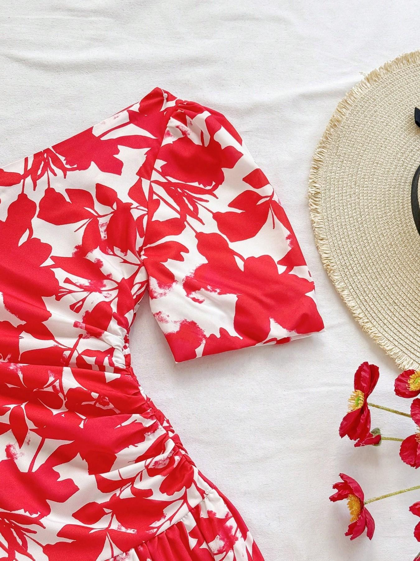 Women's Asymmetrical Neckline Bubble Sleeve Mini Dress, Hollow Waist Floral Print Summer Dress, One Shoulder Vacation Dress