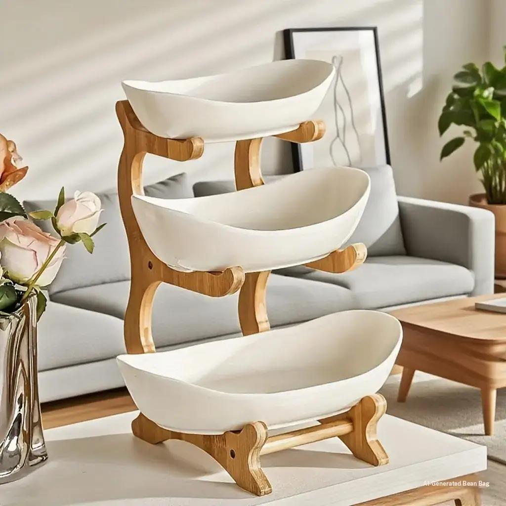 Colorful Fruit Basket Set with Wooden Stand, Plastic Bowls, Cake Stands, Biscuit Plates, Candy Buffet, Dessert Table Display, Perfect for Weddings & Parties