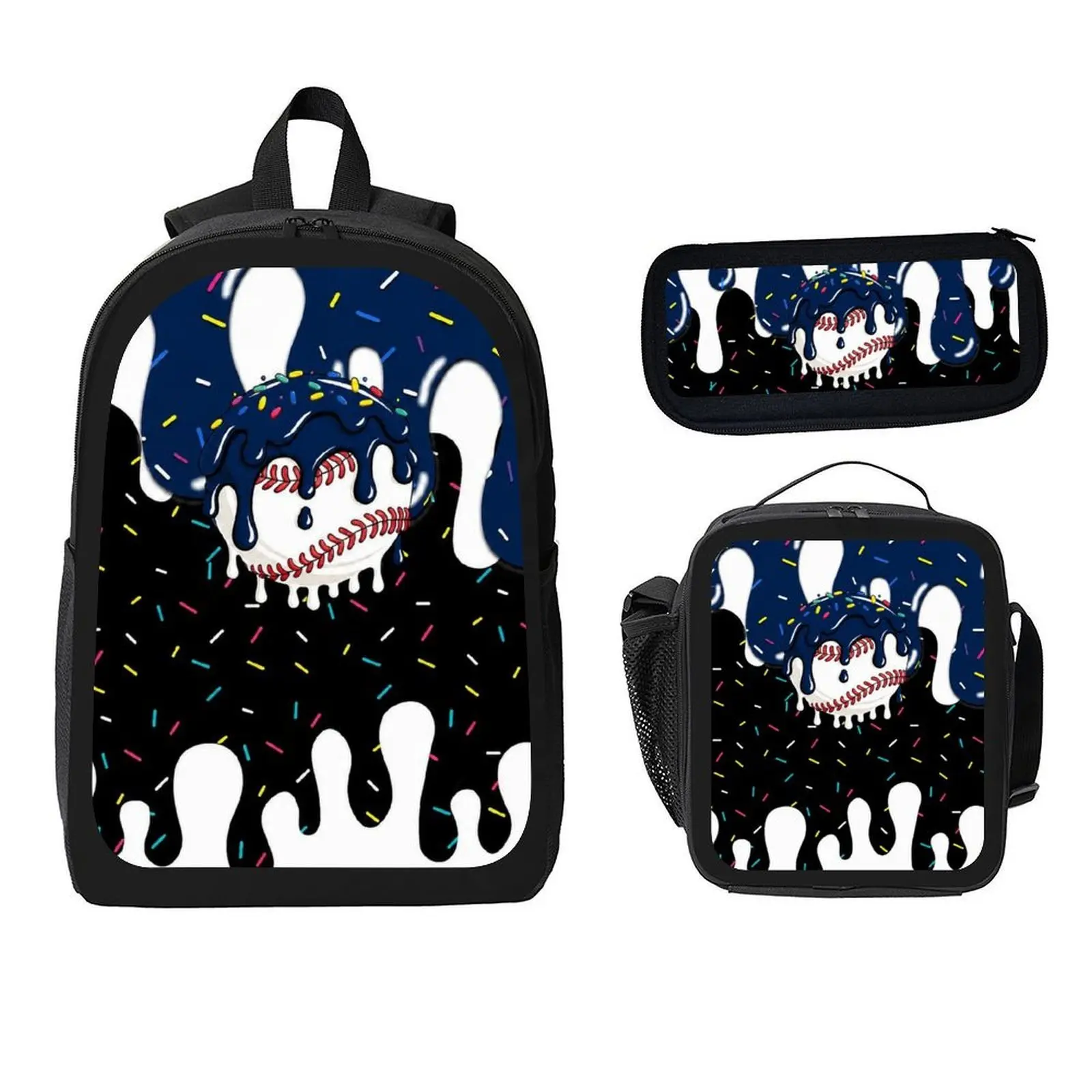 Navy Drip Sprinkle Baseball Print 3Pcs Kids Backpack Set,17 Inch Single Layer School Bookbag,Insulated Lunch Bag and Pencil Pouch Included,Durable Student Essentials for Classroom and Car Back‑seat Storage for Boys Girls Teens,School & Car Travel