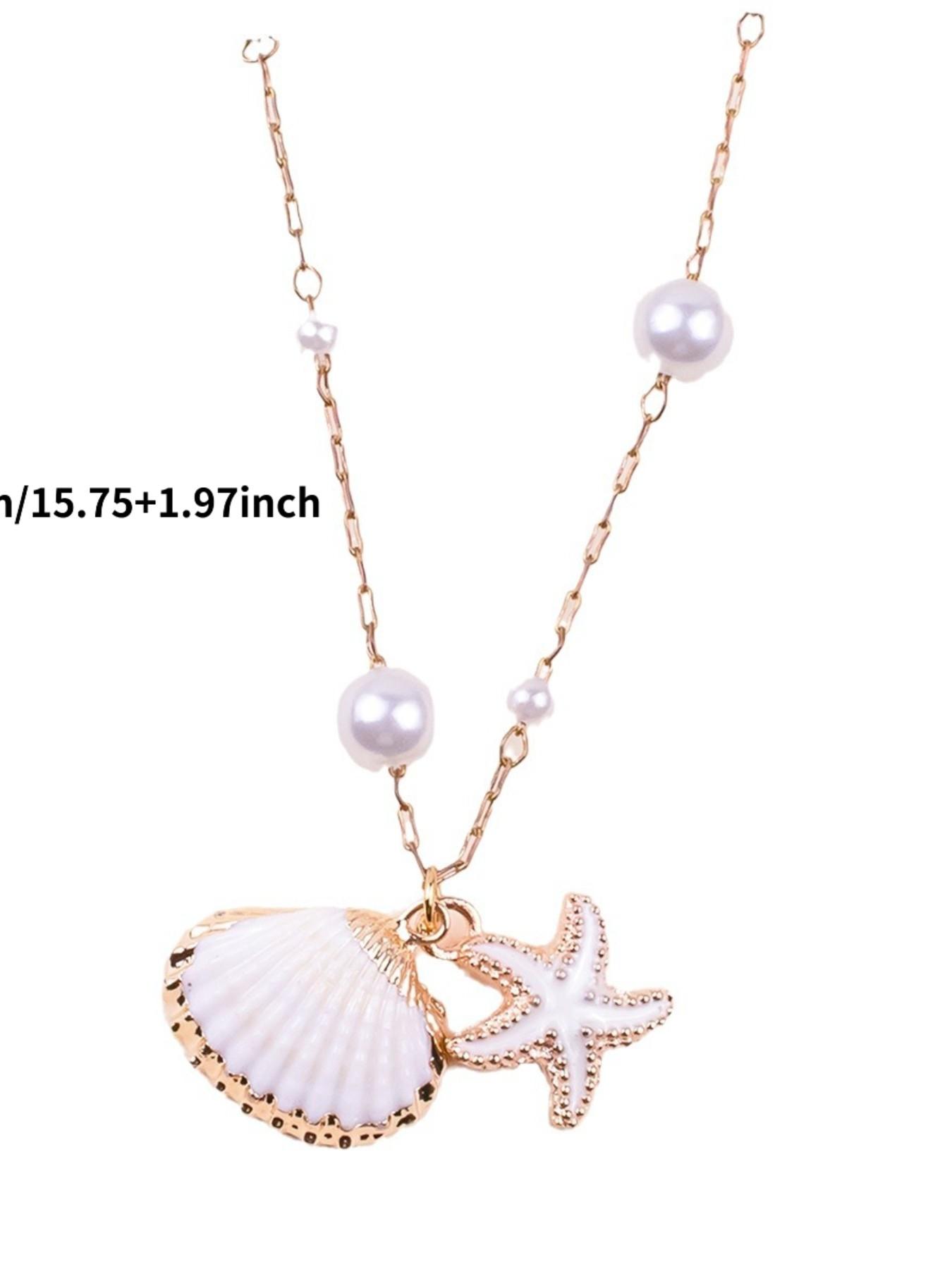 Elegant Beach Style Faux Pearl Beaded Chain Necklace with Natural Shell Lucky Starfish Pendant for Women, Fashion Jewelry Accessory