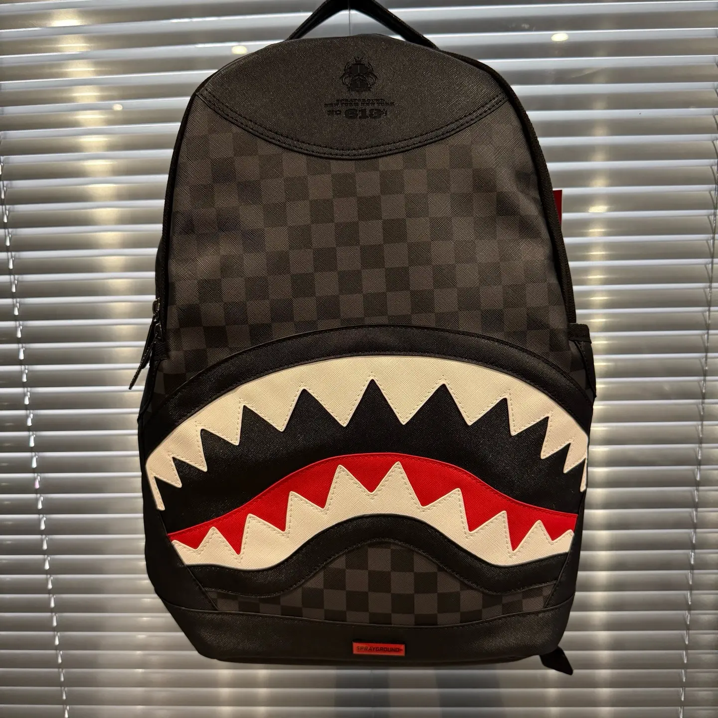 SPRAYGROUND SG Black-Grey Checkerboard PVC Backpack, Debossed Logo Shark Mouth Design, Unisex Couple-Style Functional Luggage Bag