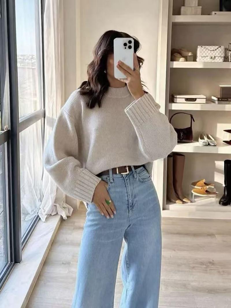 Women's Vintage Knit Sweater, Fall Winter New Round Neck Loose Fit Casual Soft Comfortable Top, Elegant High-End Slimming Design