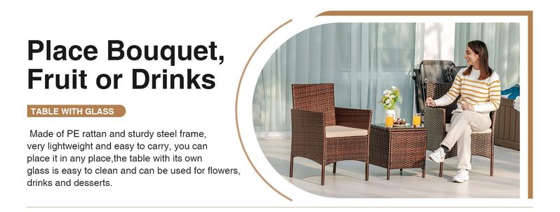 HOMALL Patio Porch Furniture Sets 3 Pieces PE Rattan Wicker Chairs with Table Outdoor Garden Furniture Sets