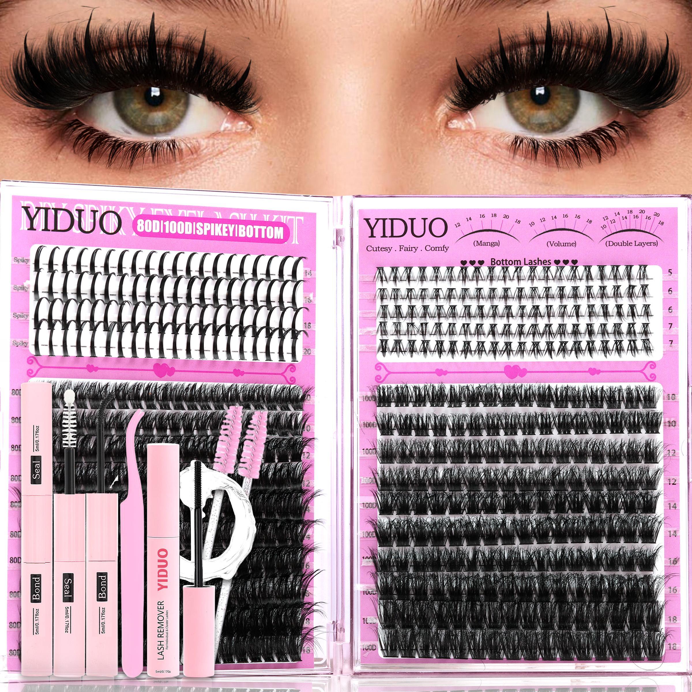 YIDUO 4 Styles DIY Volume Eyelash Cluster Kit, 200D/300D/Bottom/Spike Lashes, 5-20 mm D-Curl Eyelash Extensions Kit 440 Pcs with Lash Bond and Seal, Lash Remover, Lash Tweezers and Eyelash Brush for Easy DIY at Home