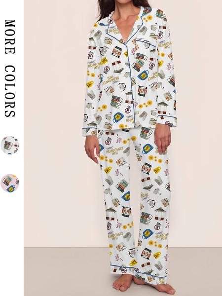 Women's Stars Hollow GG book Pajama Set, Long Sleeve Top & Elastic Waist Pants, Casual Fall Winter Sleepwear, Book and Coffee Cup, Loungewear