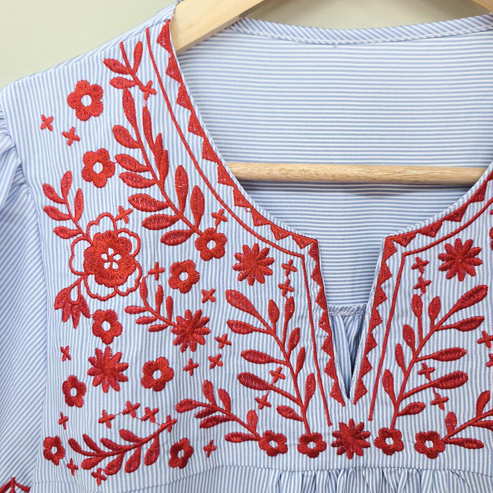 SageVell Boho Striped Blouse with Delicate Red Floral Embroidery, Puff Sleeves & Chic V - Neck, Feminine Cute Blouse Women's Top Shirts Medium