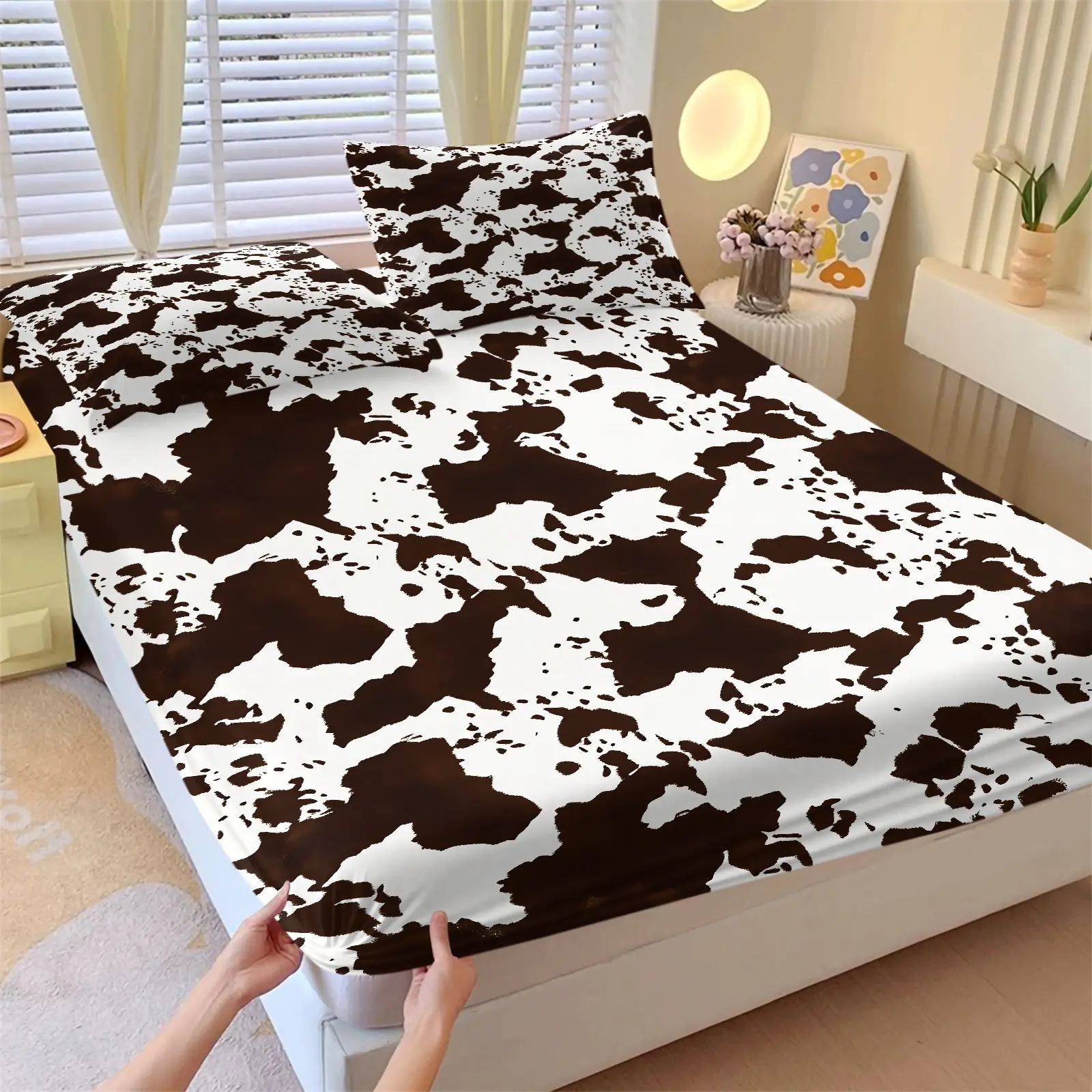 3Pcs Western Aztec Cow Print Fitted Sheet Set with 2 Pillowcases, Southwestern Turquoise Geometric Deep Pocket Elastic Mattress Cover, Boho Cowhide Tribal Bedding, Soft Microfiber Non-slip Bedspread, Printed Bedding Set for Bedroom Decor Bedset