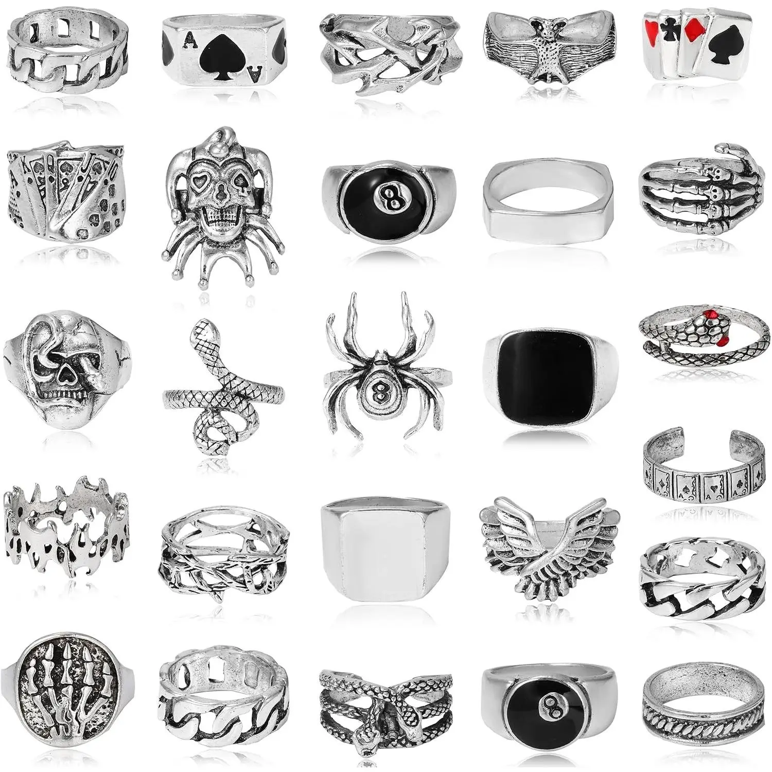 26 Pcs Vintage Silver Gothic Punk Rings Set for Men - Chunky Statement Snake Wing Signet RingsGift