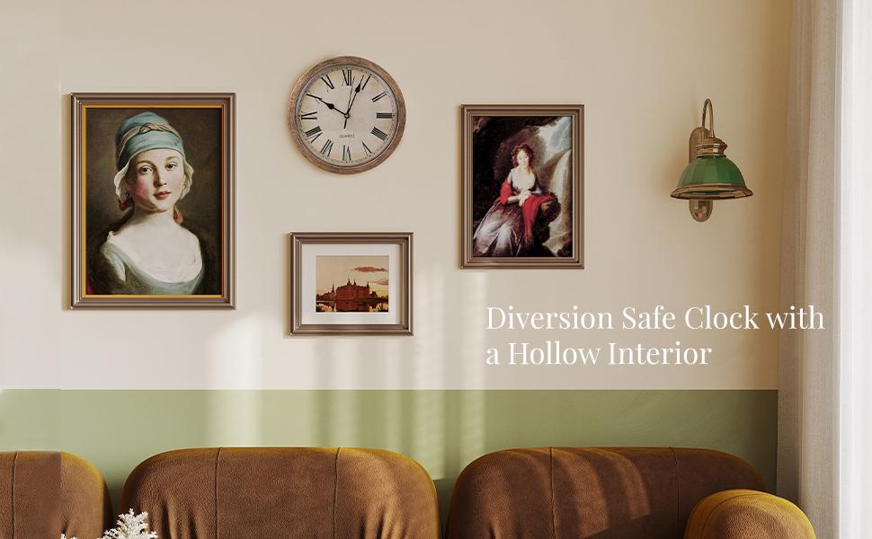 10-inch silent wall clock safe with a secret coin compartment.Multifunctional for storing cash, jewelry, and valuables.Suitable for homes, offices, living rooms, etc.Safe and reliable with a vintage decor.