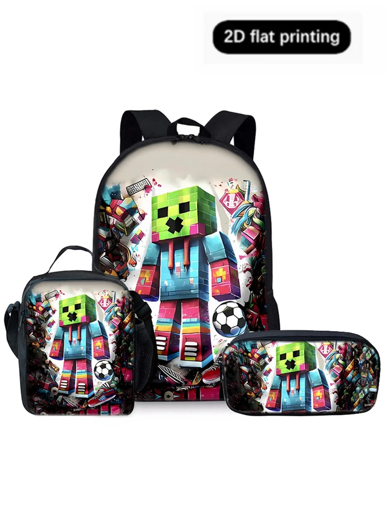 Cartoon Block Pattern 2D Print 17 Inch Backpack Set, Casual All-Seasons Backpack, Lunch Bag, Pen Pouch, Three-Piece Set