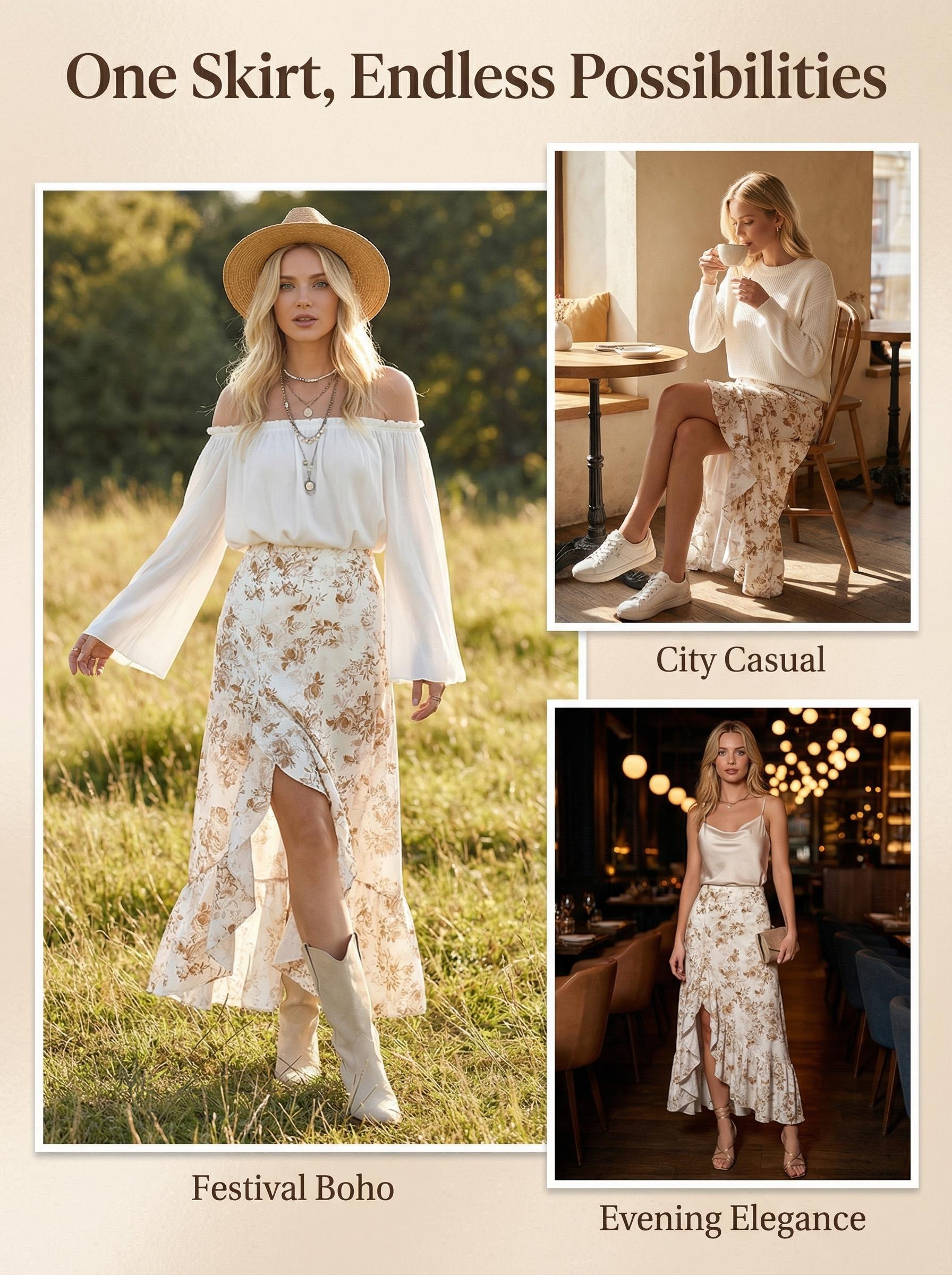 Bohemian Elegant Floral Print Irregular Ruffle A-Line Midi Skirt, Loose-Fitting Design for Garden Parties & Beach Vacations, Spring