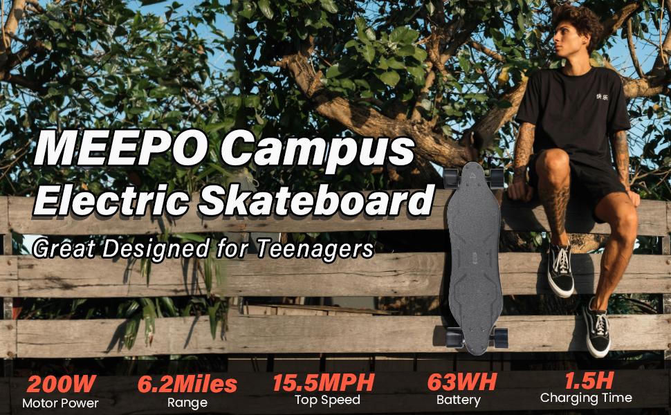 MEEPO Campus Electric Skateboard with Remote，4 Speed Controler,Durable Maple Deck, 15.5 MPH Top Speed, 10KM Range for  Beginners