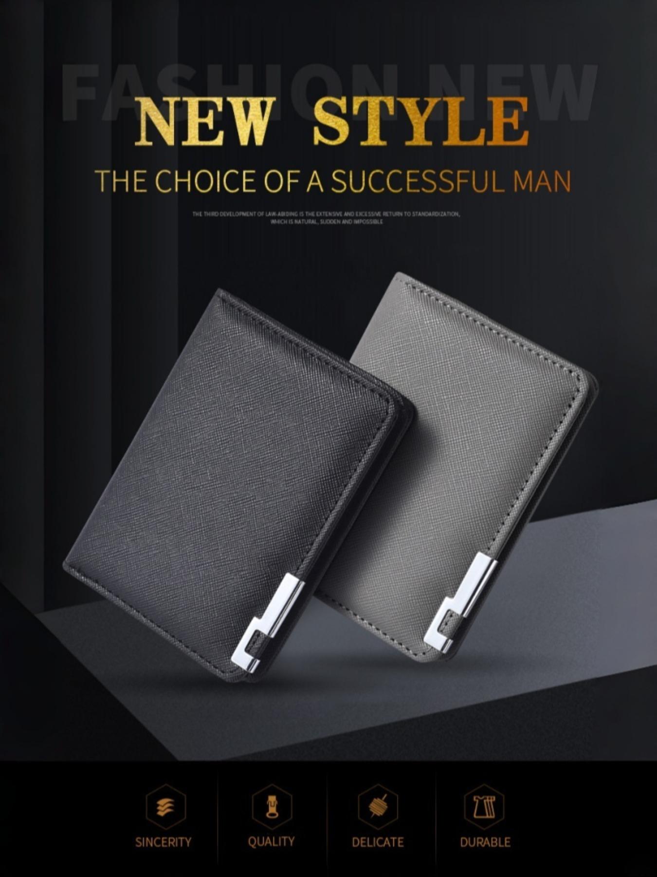 Men's Short Leather Wallet with Iron Edge Cross Texture, Multi-Card Slots Money Clip Card Holder, High-End Style Men's Wallet