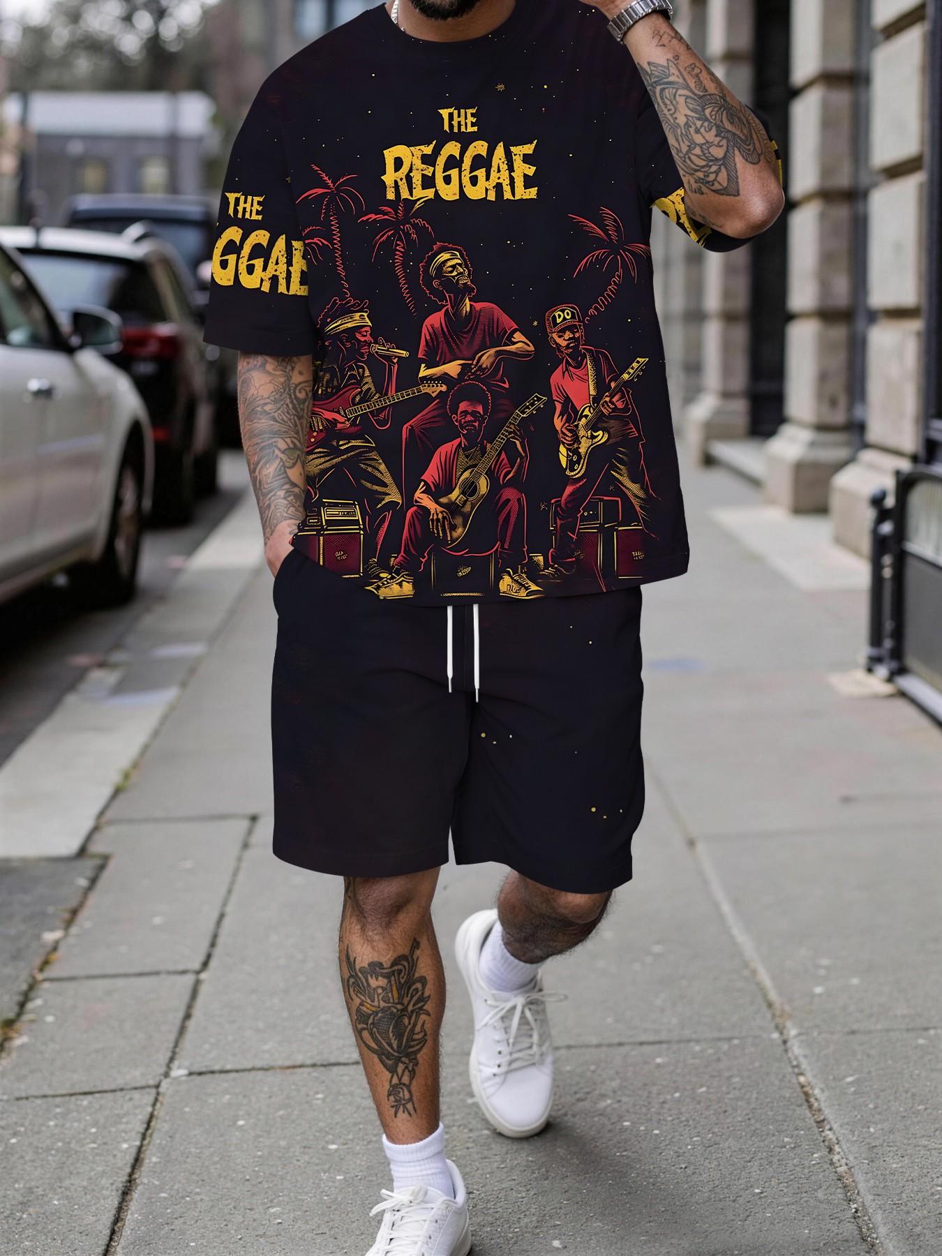 Men's 3D Digital Print Two-Piece Set, Reggae Band Character Print Trendy Men's Set, Vacation-Style Trendy Outfit, Breathable Sporty Leisure Style, Perfect Festival Gift for Men