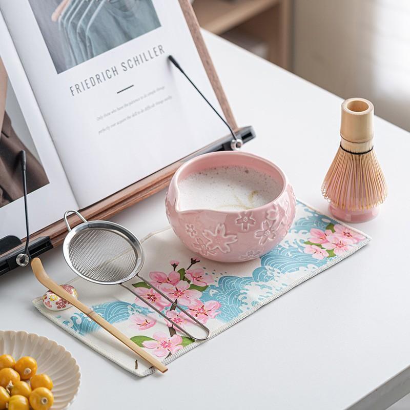 Traditional Japanese Matcha Tea Set, Includes Ceramic Bowl, Bamboo Chasen, Stainless Steel Sieve, Cotton Teapot Spoon, Ideal for Home or Café