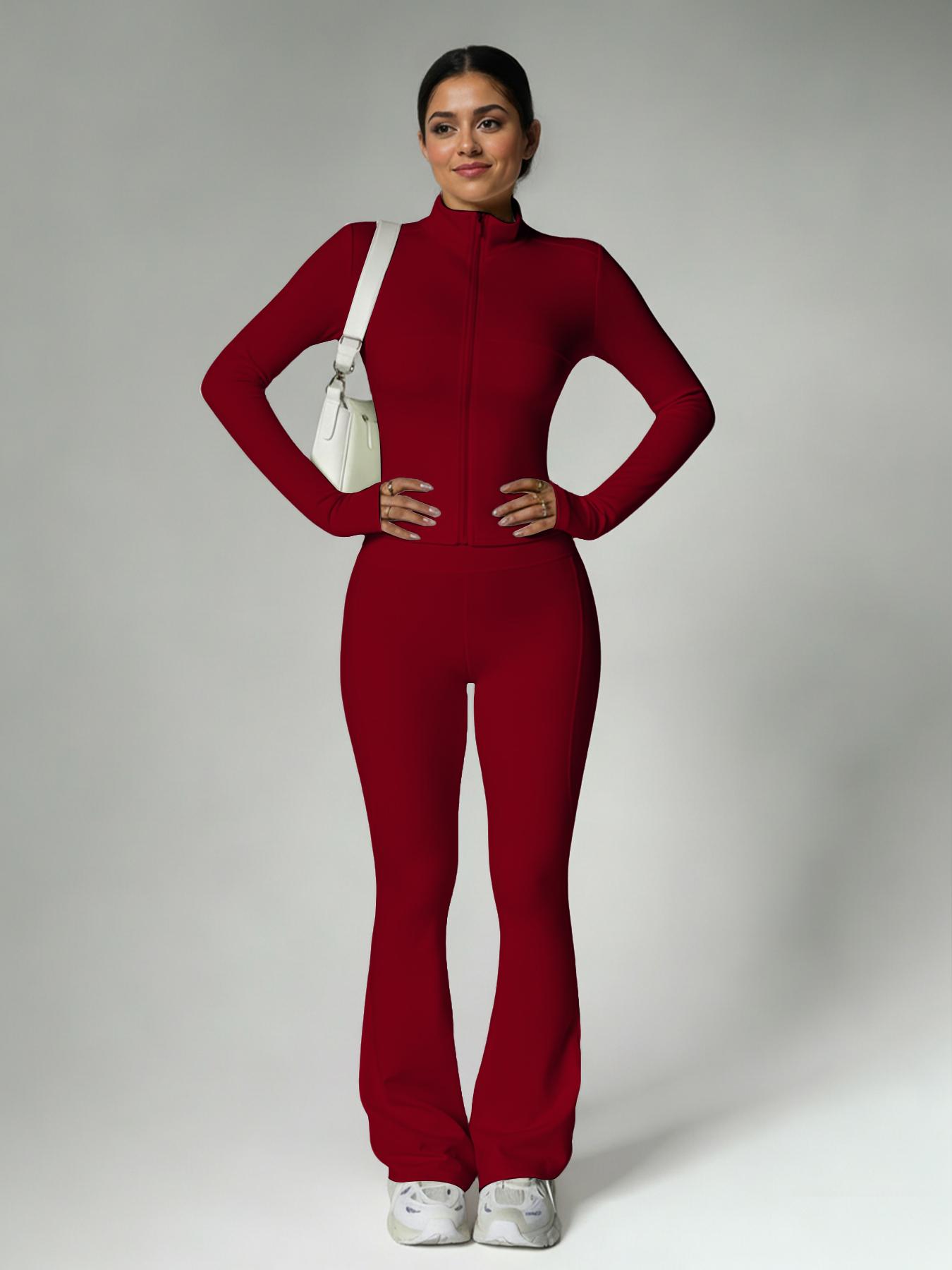 Women's Fashion Two-Piece Set, Slim Fit Long Sleeve Thumb Hole Cuffs, Zipper Front Jacket Style, High Waist Flared Pants, Fall & Winter Casual Wear