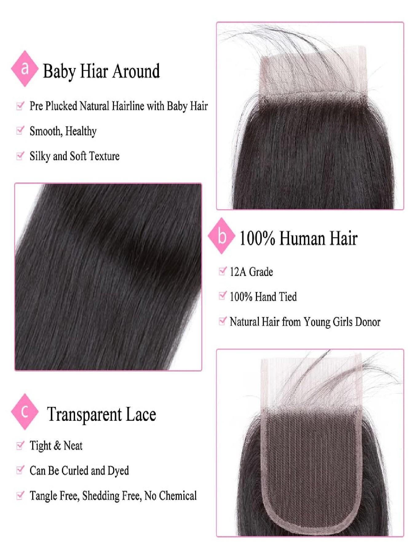 12A Brazilian Straight 4x4 HD Lace Closure Free Part Hand Tied Transparent HD Lace Closure 100% Unprocessed Human Hair Transparent Lace Closures Pre Plucked Natural Black