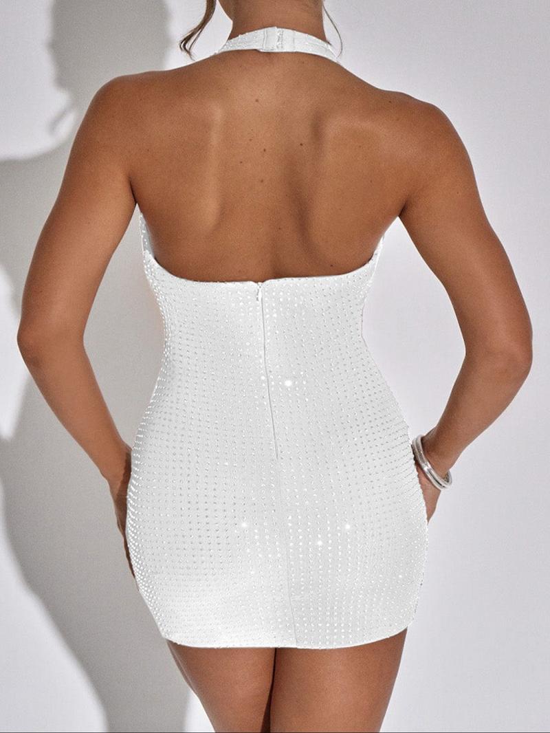 Elegant Slim-Fitting Backless Halter Dress with Deep V Neck, Polka Dot Pattern for Fall, Stylish Bodycon Dress for Women