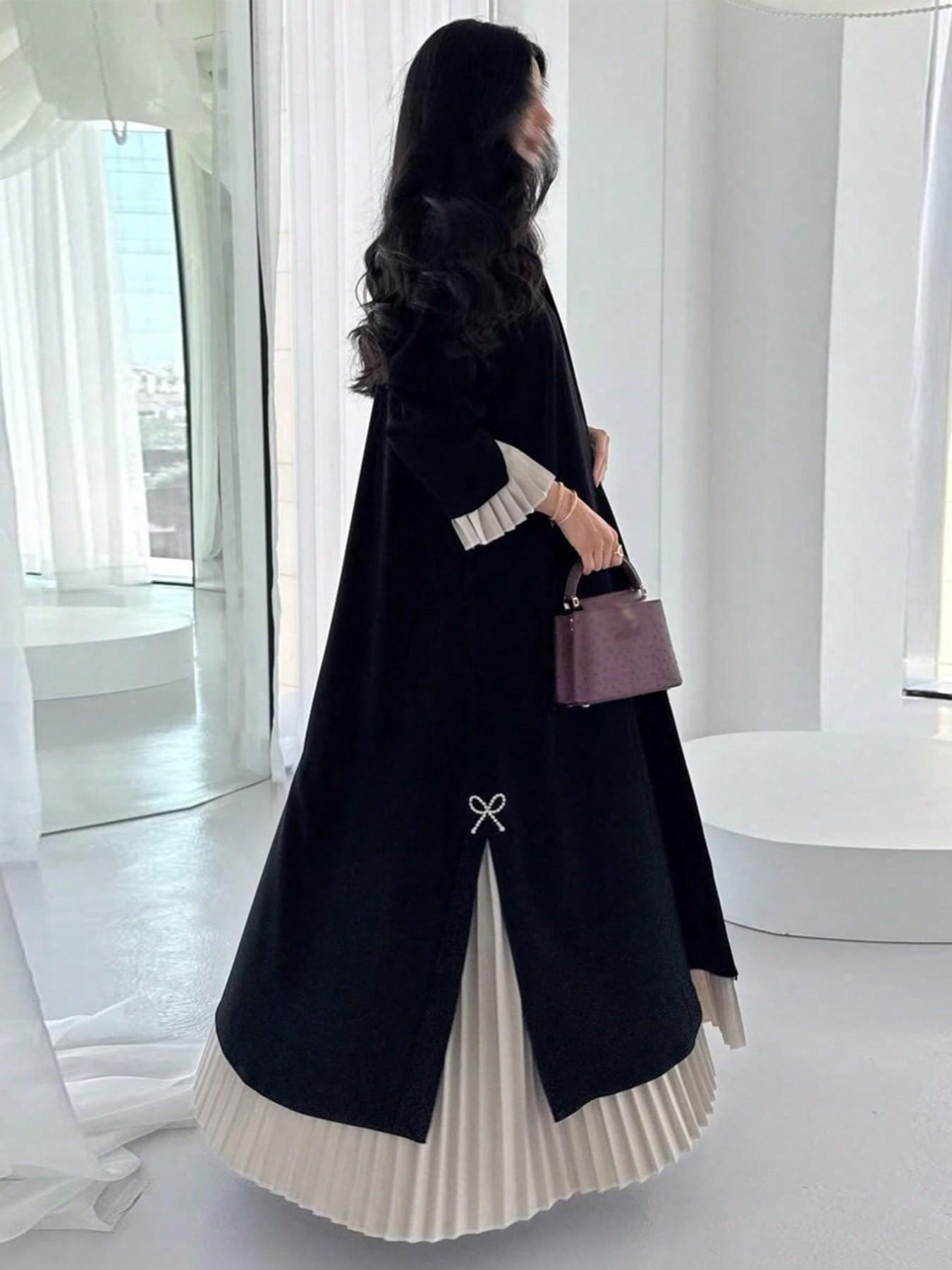 Commute Party Pleated Patchwork Abaya, Pearl Bow Loose Fit Long Outer Robe, Muslim Luxury Women's Clothing, All Seasons