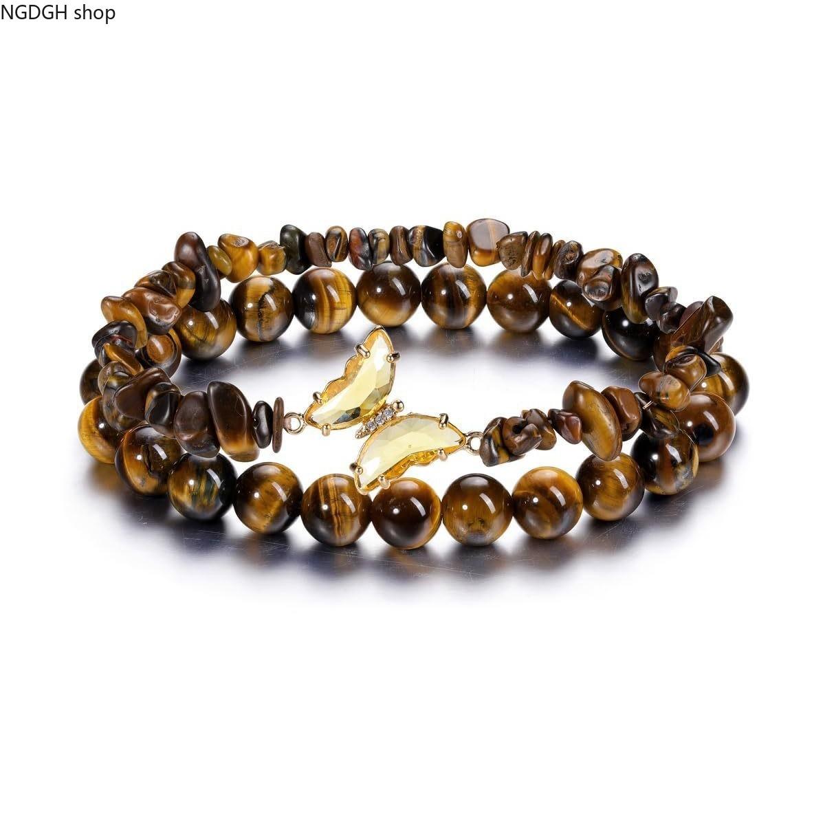 Women's Pink Natural Stone Butterfly Lightweight Charm Bracelet - Gold Drop Accent, Stretch Beaded Sparkle, Trendy Adult Sports & Outdoor Accessory for Party & Casual Outfits