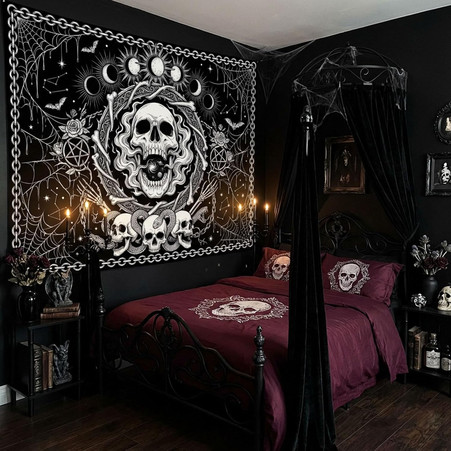 A Gothic mysterious skull tapestry, black and white moon snake wall tapestry, bedroom, dormitory, living room decoration
