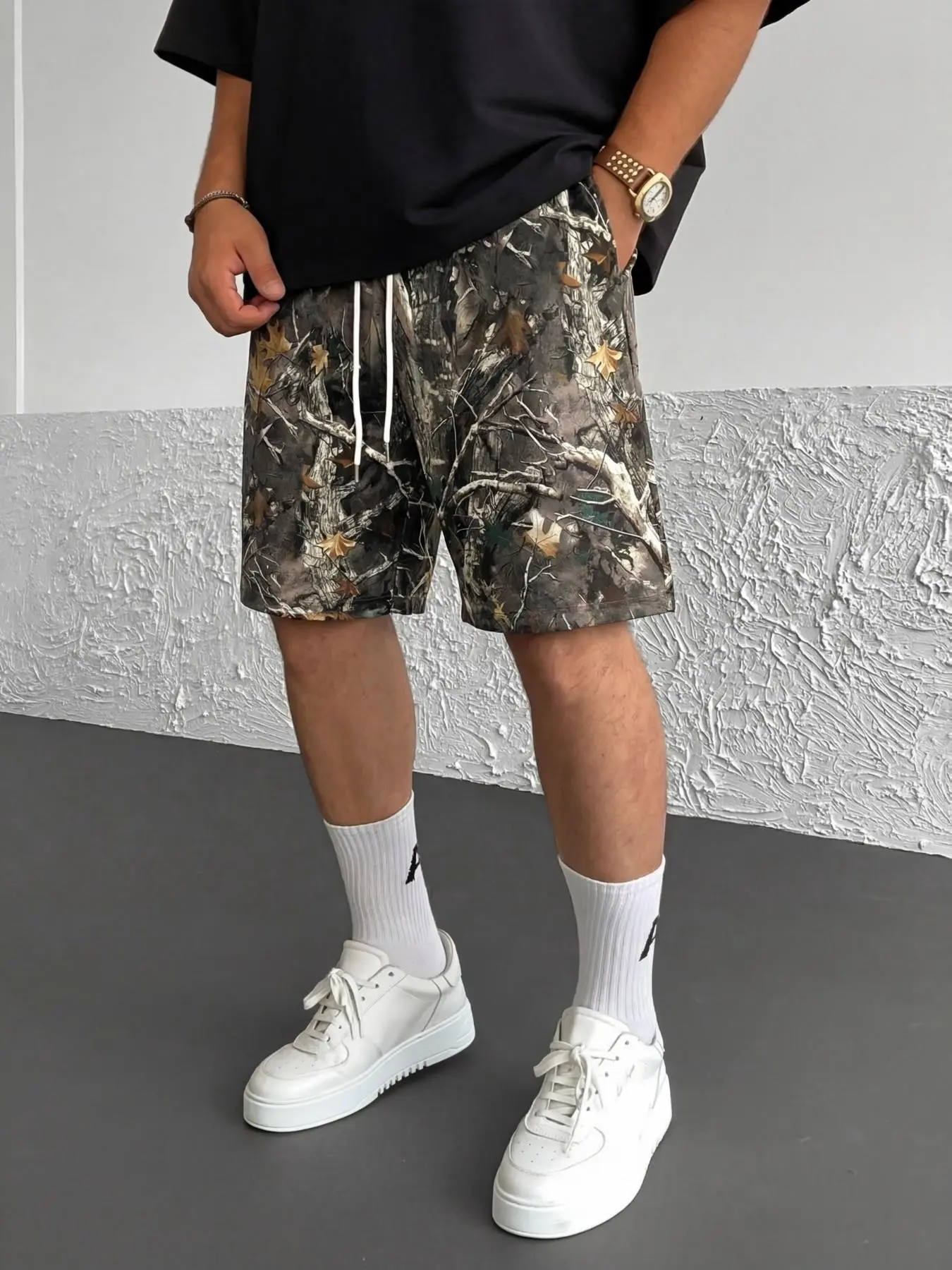 Men's Vintage Branch Camo Print Drawstring Elastic Waist Shorts, Summer Loose Casual Knee‑Length Shorts, Outdoor Trendy Sports Shorts