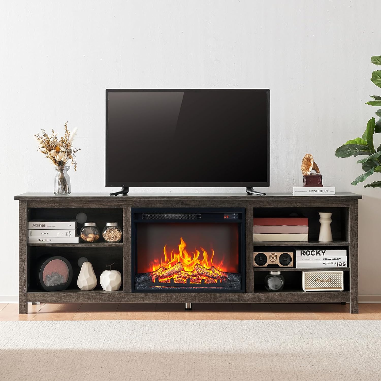 VanAcc Fireplace TV Stand, Wood Texture Entertainment Center with 23'' Electric Fireplace, Farmhouse Entertainment Stand Media TV Console for TVs Up to 80'', 70 inches, Black VanAcc Fireplace TV Stand, Wood Texture Entertainment Center with 23'' Electric Fireplace, Farmhouse Entertainment Stand Media TV Console for TVs Up to 80'', 70 inches, Black