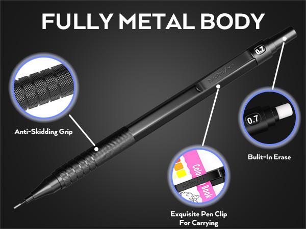 Nicpro 5 Pack Black Art Mechanical Pencil Set, Metal Drafting Pencils 0.3, 0.5, 0.7, 0.9, 2mm Graphite Lead Holder (4B 2B HB 2H Colored) For Writing Sketching Drawing With 9 Lead Refills Eraser Case