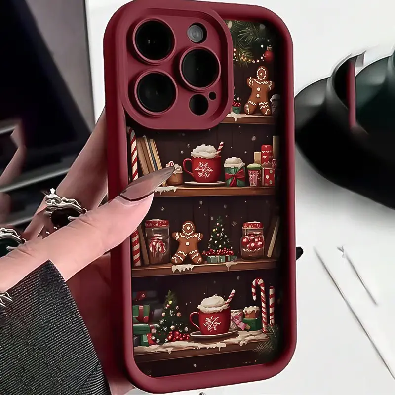 Christmas Shelf Phone Case With Burgundy Frame, Christmas Scene Design, Gingerbread For Man And Hot Cocoa All-Over Print, Full-Coverage Drop-Proof Protective Case ForiPhone 17 Pro Max 16e 15 14 Plus 13 12 Mini 11 X XS, Stylish Gift
