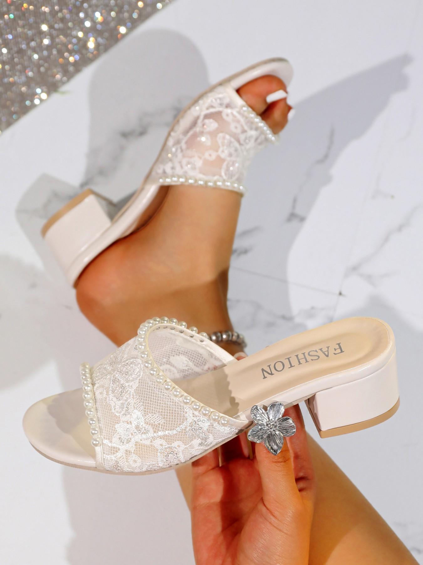 YYW1 2026 Women's Lace Embroidery Pearl Trim Slip-On Block Heel Sandals - Elegant Open-Toe Bridal Wear with Textile Comfort