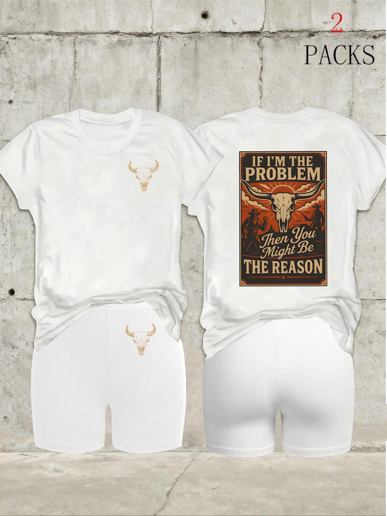 Women's 2-Pack Western Bull Print Short Sleeve T-Shirt & Camo Shorts Set, Soft Casual Fabric, Daily Streetwear Loungewear, Black Beige Pink White Purple Red Multi-Color Options