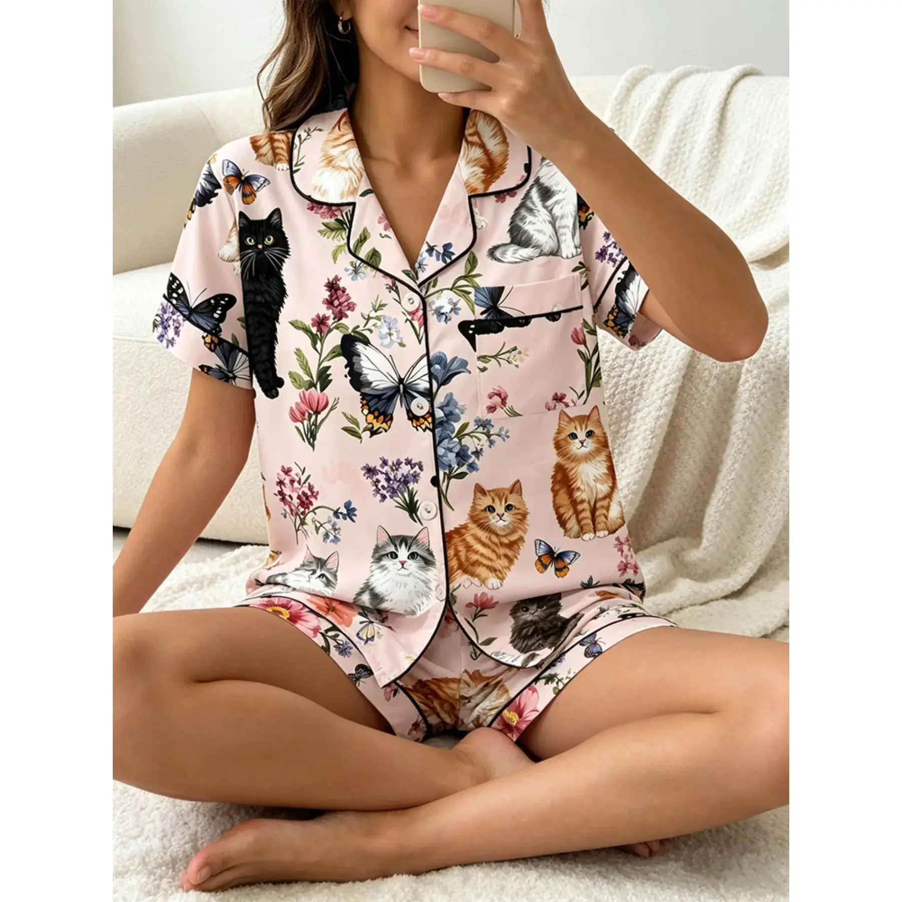 Women's Short Sleeve Button Down Top and Shorts Pajama Set, Spring Summer Wear, For Cat Lovers, Light Pink Base All Over Print Cat Butterfly Floral Flower Print, Classic Lapel Collar, Loose Fit, Comfortable For Home & Pet Time Pjs