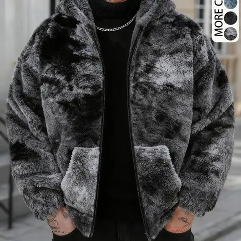 Unisex Fitted Hooded Jacket, Fall & Winter Warm Tie-Dye Plush Coat, Long Sleeve, Trendy Versatile Preppy Style, Youth Casual Street Fashion Outerwear, Daily Wear Jackets, Streetwear Jackets, Everyday Jackets, Casual Fashionable Jacket