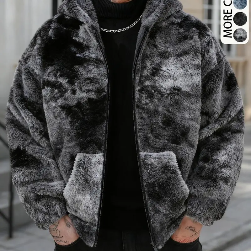 Unisex Fitted Hooded Jacket, Fall & Winter Warm Tie-Dye Plush Coat, Long Sleeve, Trendy Versatile Preppy Style, Youth Casual Street Fashion Outerwear, Daily Wear Jackets, Streetwear Jackets, Everyday Jackets, Casual Fashionable Jacket