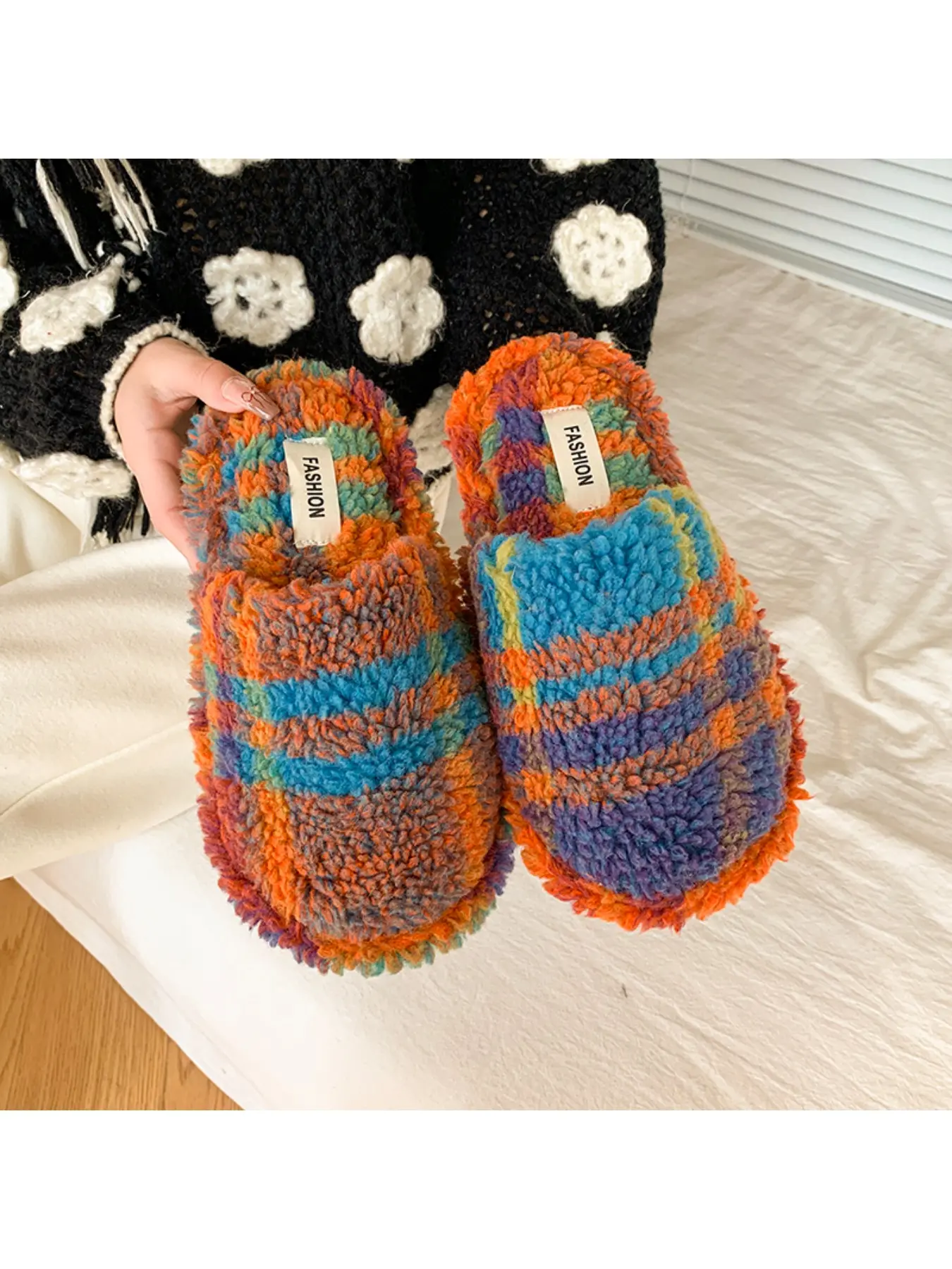 Women's Retro Plaid Plush Home Slippers, Comfortable Tie Dye Mixed Color Cotton Slippers, Winter Fluffy Plaid Warm Women's Shoes