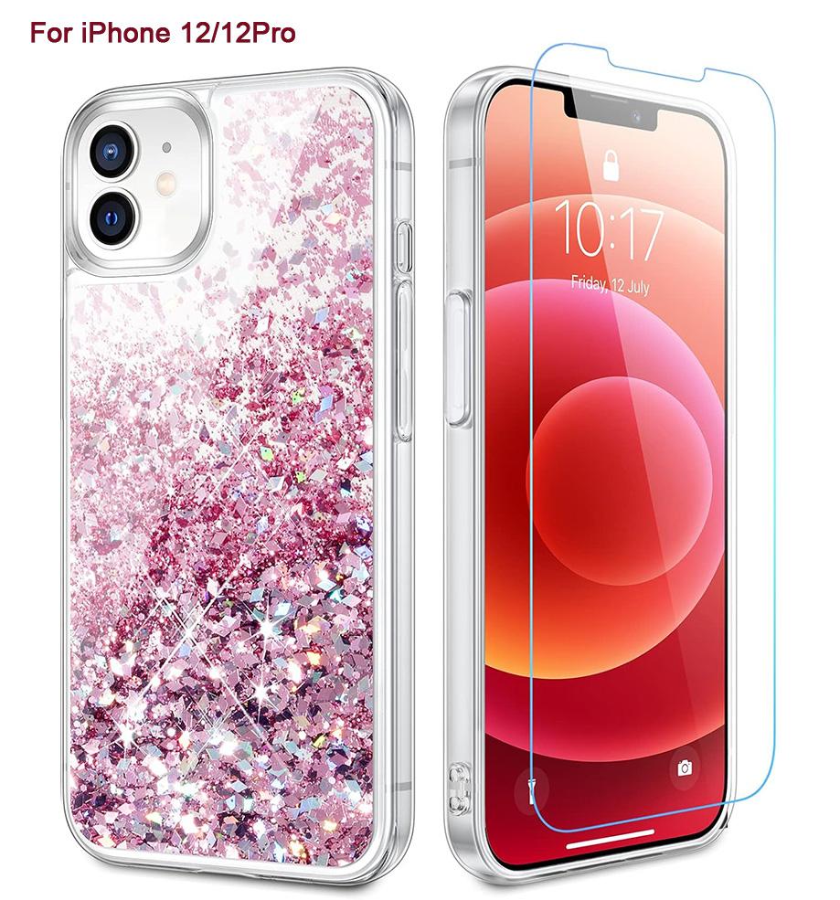 Phone case for iPhone 16 15 14 13 12 12Pro 11Protection Case, iPhone 6/6S/7/8 Case, iPhone SE 2022 Case, Glitter Case with Screen Protector, Full Body Rugged Liquid Shockproof Soft TPU Protective Phone Cover