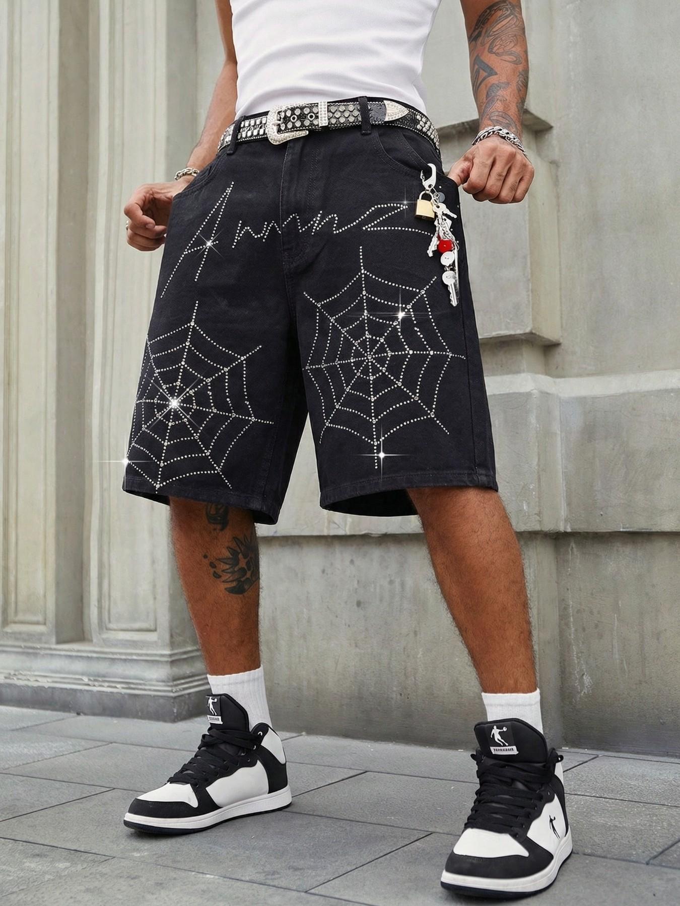 Men's Summer Rhinestone Spider Web Letter Pattern Loose Fit Mid Waist Denim Shorts, Y2K Streetwear Festival Casual Pants
